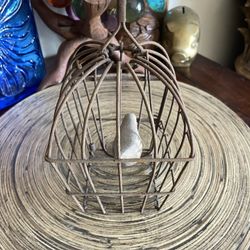 Decorative Wooden Bird 🐦 in a Hanging Metal Cage 