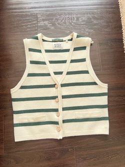 Cream & Olive Green Striped Cardigan Vest - Women’s Medium