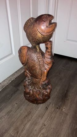 Teakwood koi fish carved sculpture