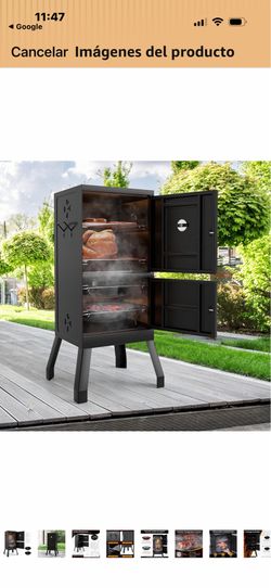 Outdoor charcoal smoker, vertical BBQ with thermometer, 2 access doors, 2 cooking grates, 2 removable trays, and 4 air vents; meat smoker for...