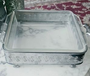 Vintage Fire-King Clear Glass 8" Square Baking Dish #452 with Silver-Plated Footed Filigree Holder - AS IS