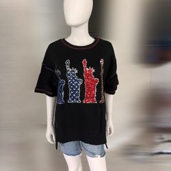 Fantastic Fawn Sequin Liberty Patriotic Oversized Tee Sz Medium 