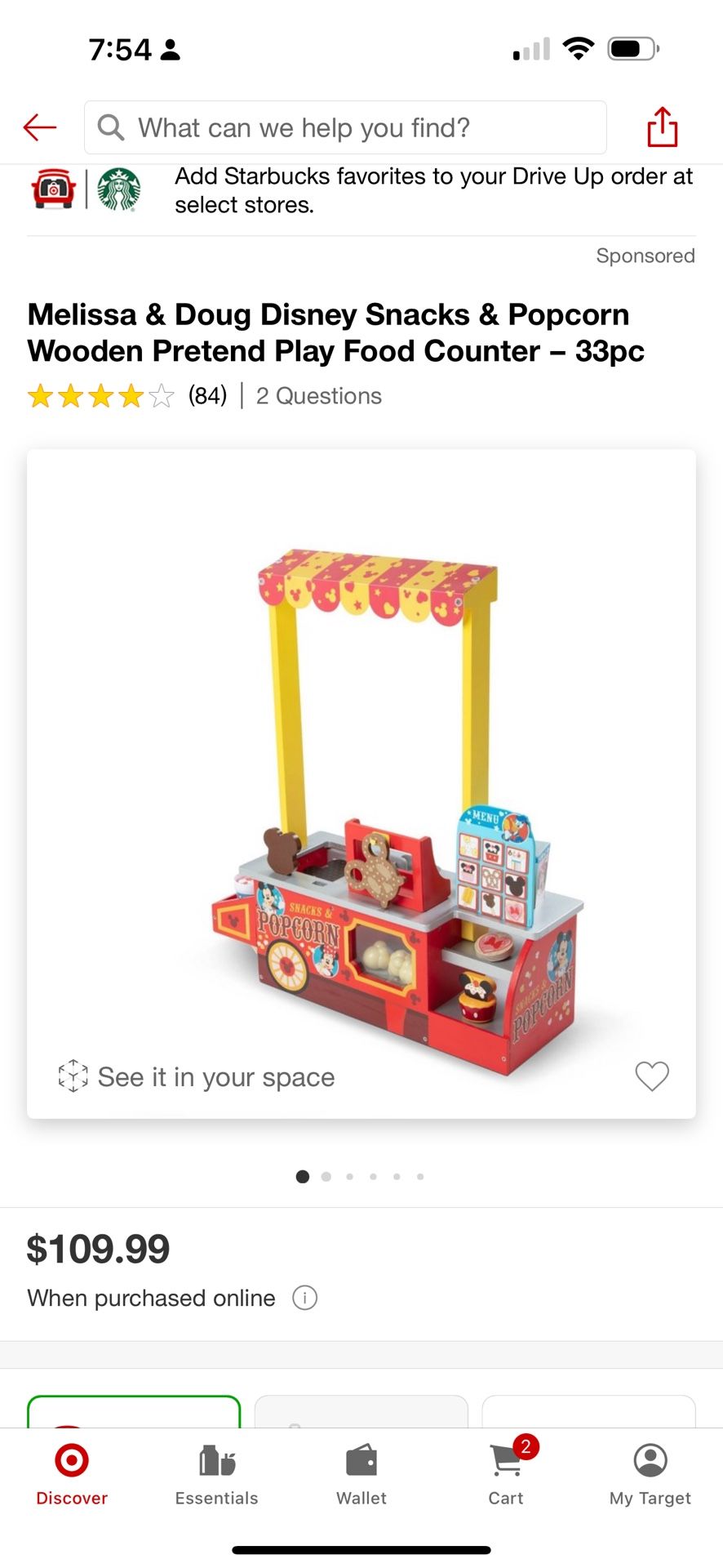 Melissa & Doug Disney Snacks & Popcorn Wooden Pretend Play Food Counter - 33pc