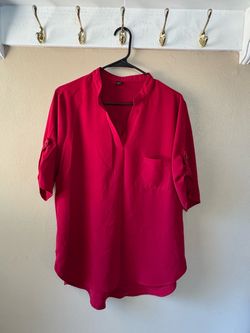 Red V-Neck Blouse with Roll-Tab Sleeves