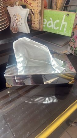Vintage stainless silver gold footed tissue box