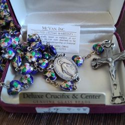 Rosary With Metal And Glass Beads In Box