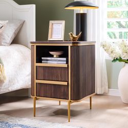 Modern Chic Fluted Nightstand Luxury with Charging Station, End Table/Bed Side Table w/2 Drawers, Faux Marble Tabletop, Gold Metal Decor, Cu