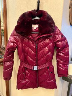 Micheal Kors Dark Ruby Faux-Fur Collar Belted Hooded Puffer Winter Coat Size XS
