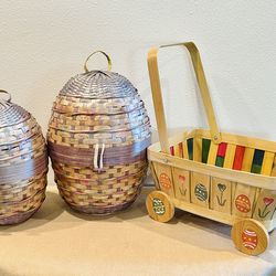 VTG Handwoven Wicker Easter Egg Shaped Baskets & Push Cart