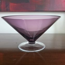 Vintage amethyst glass conical bowl with a clear pedestal base.
