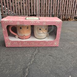 Mr & Mrs Claus Santa & Mrs Claus Face Mug Set Pink White Christmas Mugs