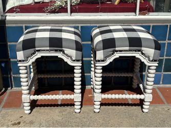 Pair Upholstered Turned Wood Side Bench Stool