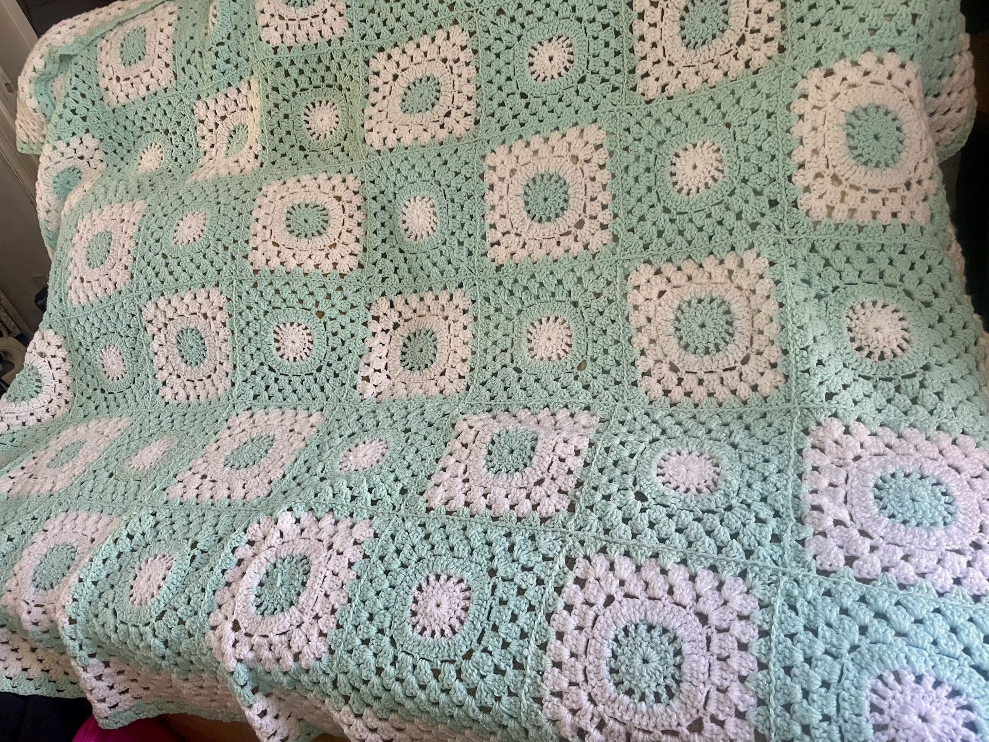 Crochet Afghan Throw light green and white Floral