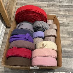 Large Box of Craft Fabric Rolls / Different Sizes and Colors for Braiding, Crafting etc YARDS!   18 rolls of variables widths, lengths & fabrics 