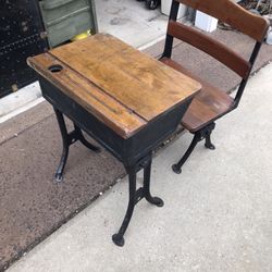 Antique Children’s School Desk Wooden W iron Base