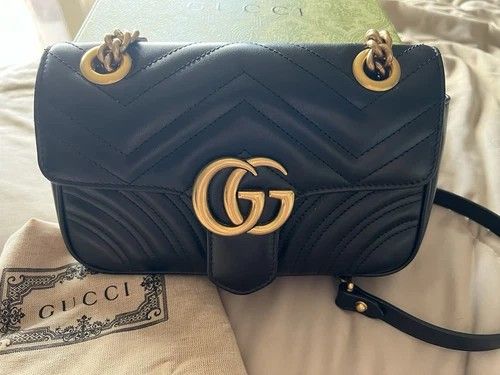 Authentic Gucci Marmont Small Shoulder Bag Black Matelasse Leather Crossbody
