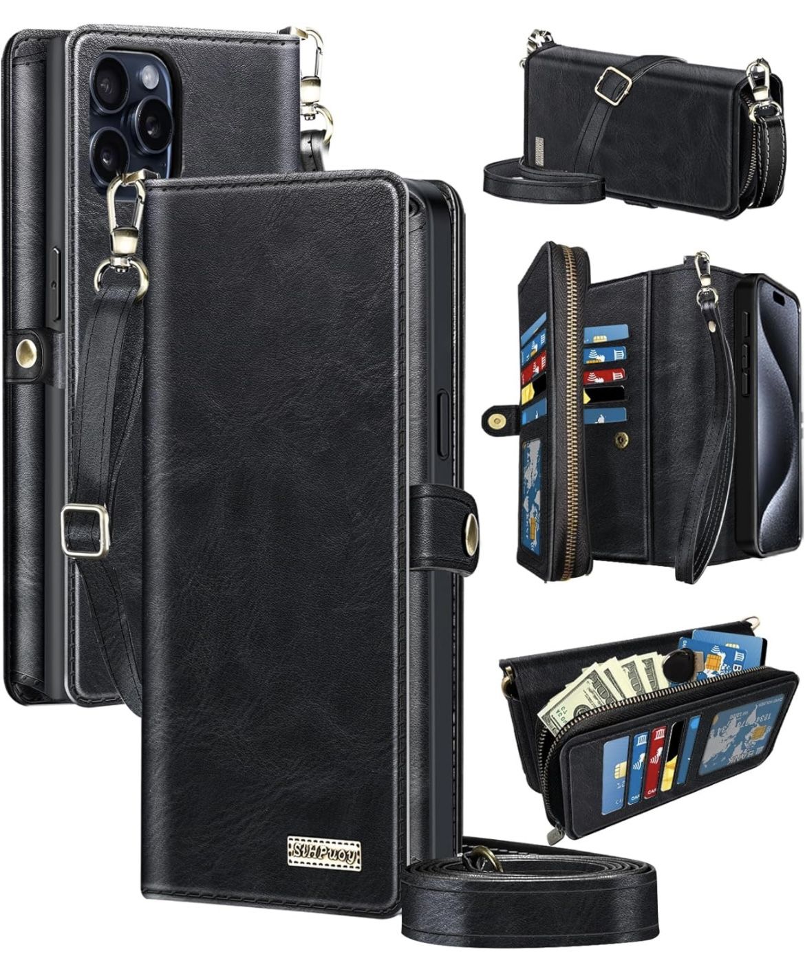New In Box Leather for Apple iPhone 15Pro Max Wallet Case with Card Holder Kickstand,Phone Accessories for Woman Men,2Pack Screen Protector 2Pack Came