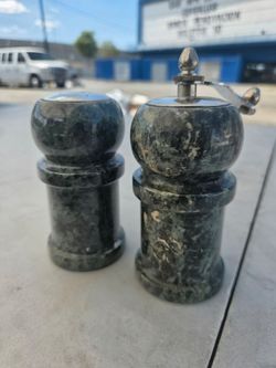 Vintage Italian Green PolishedMarble Salt and Pepper Shakers - Stone Grinder Set