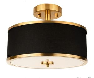 5307: New 3-Light Semi Flush Mount Ceiling Light Fixture, 12.6" Gold Drum Light with Black Fabric Shade, Modern Close to Ceiling Light for Living Room