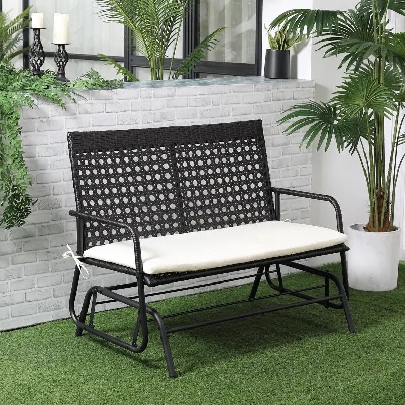 2-Person Outdoor Glider Bench, Handwoven PE Plastic Rattan Furniture, Cushioned Rocking Chair Loveseat for Backyard Garden Porch, Brown