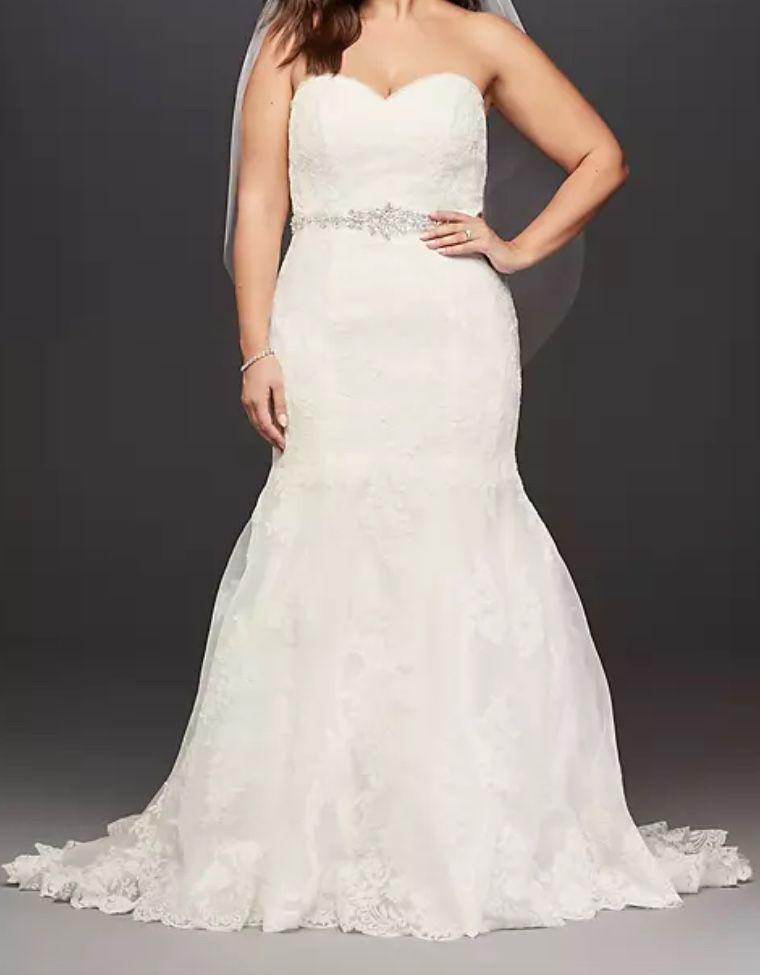 DAVID'S BRIDAL COLLECTION sweetheart trumpet wedding dress with beaded sash