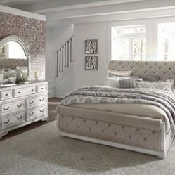 ANTIQUE WHITE QUEEN UPHOLSTERY SLEIGH BED TUFTED CHENILLE   ALL COLLECTION PIECES AVAILABLE!!