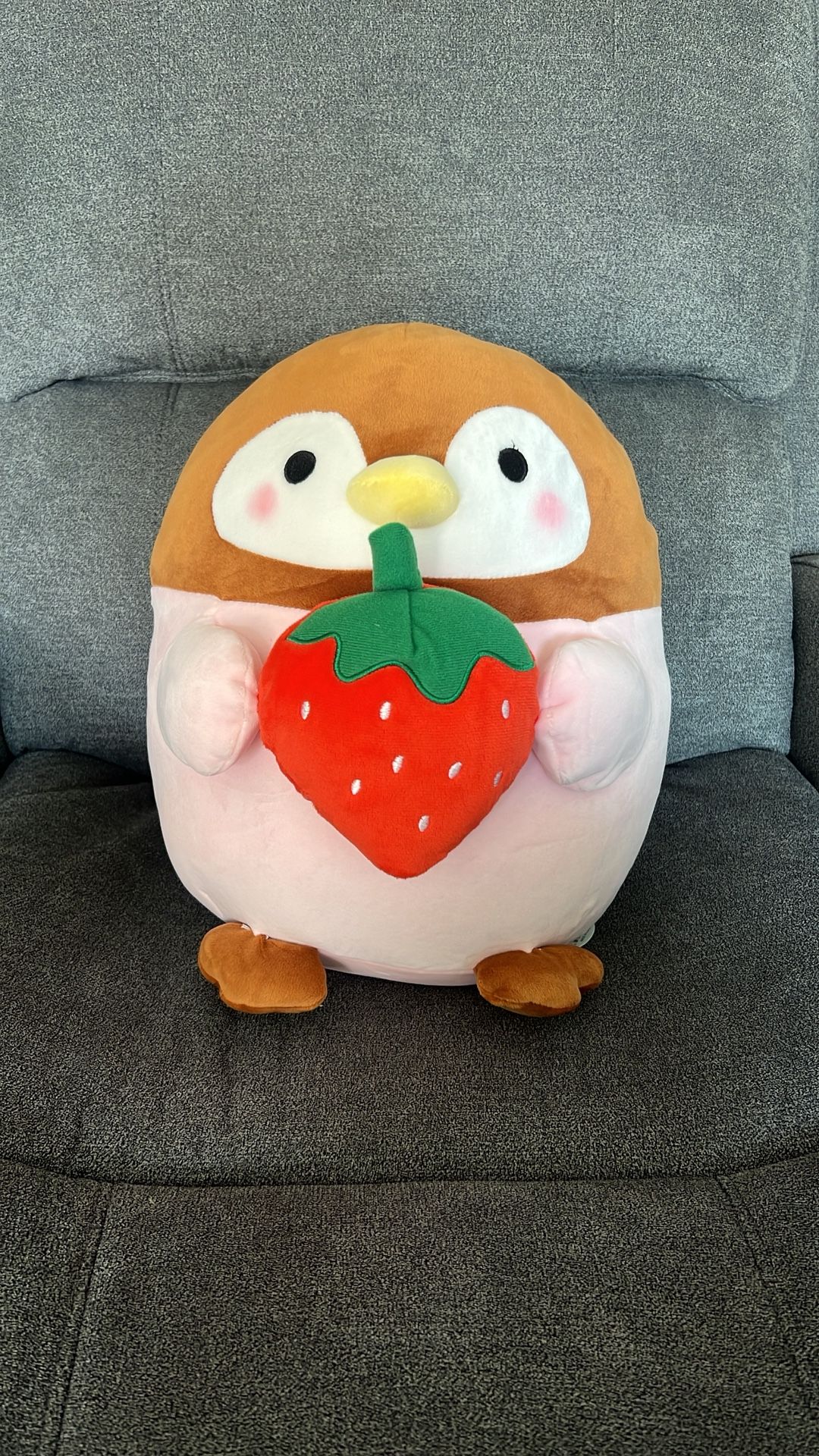 14 IN Pink Penguin Holding Strawberry Plush