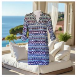 Chevron Multi Print Blue and multi-coloured patterned beach v neck tunic/shirtdress