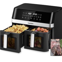 12QT Large Dual Air Fryer, 10-in-1 Double Zone Airfryer with 2×6QT Baskets, 60° Easy-Panel with Full Touchscreen, SyncCook Function, Viewing Window, N