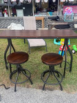 3-Piece Industrial Rustic Bar Height Bistro Set – Adjustable Swivel Stools