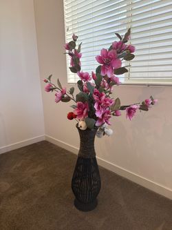 Tall Wicker Vase with Faux Flowers