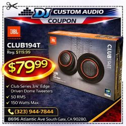 JBL Club 194T Club Series Car Speaker Set 3/4" Edge Driven Dome Tweeters 150 Watts 🚨 Payment Options Available 🚨 No Credit Needed 🚨 