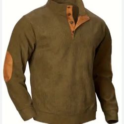 Men Fashion Corduroy 1/4 Button Up, Elbow Patch, Pull Over Sweatshirt (Olive Green) Size 3XL 