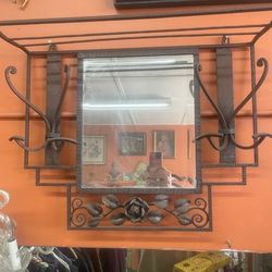 Antique French Iron Mirror Hall Tree 27 By 22 By 8 