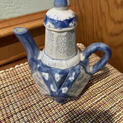Vintage Squared Diamond Teapot Cobalt Blue & White Pattern (7”W x 8”H) (petite size)
