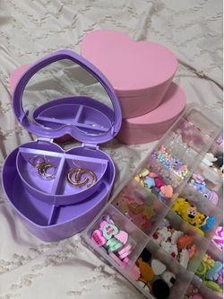 Pink & purple small plastic heart jewelry box with mirror