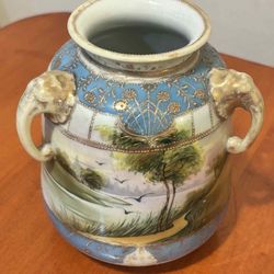 Antique Nippon Porcelain Elephant Head 3 Handled Vase 6”H