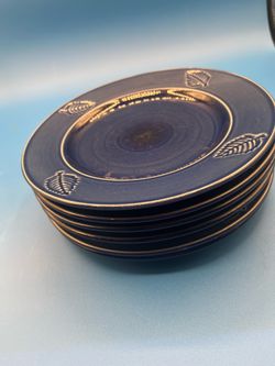 Set of 6 blue leaf pattern ceramic salad plates