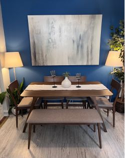 Beautiful Mid-Century Dining Set New!!! Table with 4 Chairs and Bench! Open Box never used.Firm Price