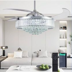 New Large 52”Fandelier Crystal Ceiling Fan with Light,Retractable Chandelier Fan,3 Color Temperature