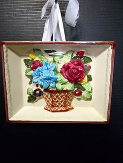 MCM Vintage Japan Ceramic Wall Plaque 3D Raised Floral Basket, Glossy Multicolor 9.5"×7"
