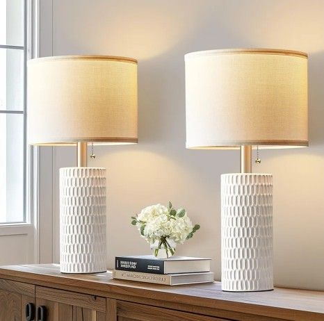 Table Lamps for Living Room Set of 2, Ceramic Table Lamps for Bedroom, 20" Modern Lamps for Night Stands, White