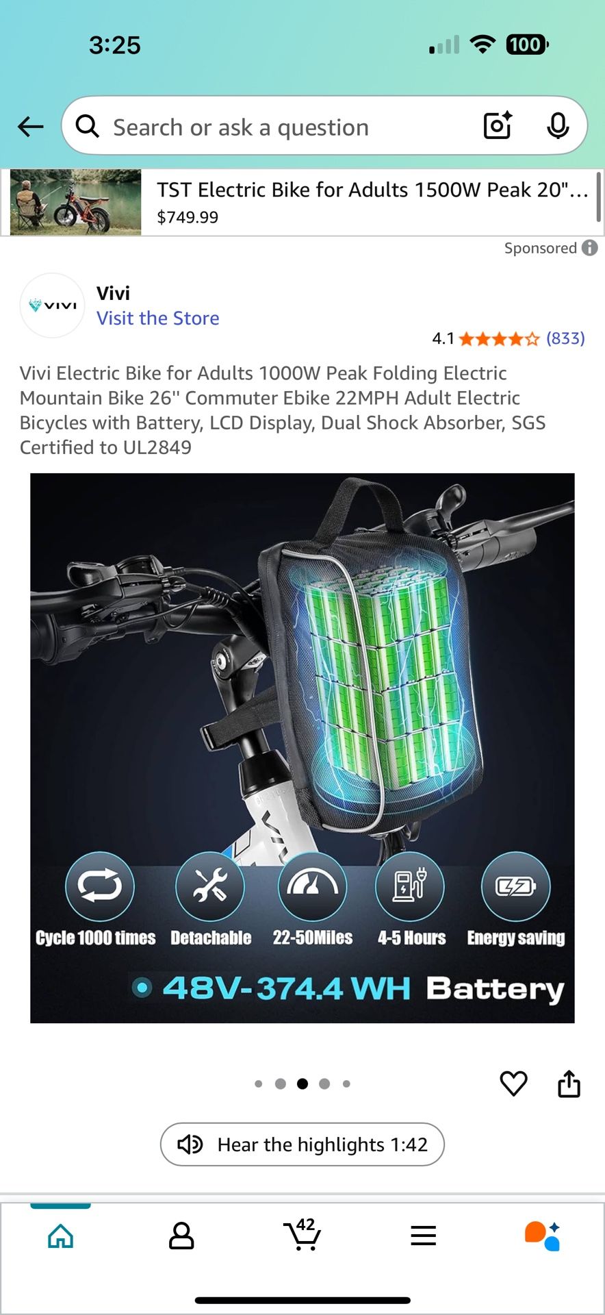 Vivi Electric Bike for Adults 1000W Peak Folding Electric Mountain Bike 26" Commuter Ebike 22MPH Adult Electric Bicycles with Battery, LCD Display, Du