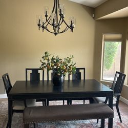 Rustic Black Dining Table w/Leaf, 5 Chairs, Upholstered Bench