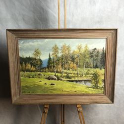Vintage Forest Landscape Oil Painting On Board, Signed, 48’, Roughly 14x21”