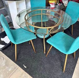 Teal Chairs Gold Base Glass Dining Set