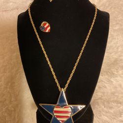Vintage Gold Necklace With American Star Pendant And Matching American Heart Pin..(RJON/necklace and AVON/pin)