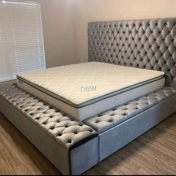 Brand New/ Gray Velvet Queen Storage Platform Bed Frame Cama// Mattress Sold Separately 