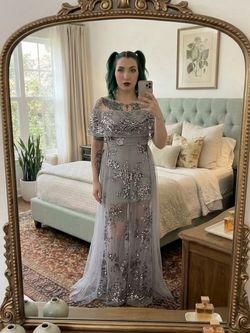 Blithe LA Silver Gray Sequin Floral Off-the-Shoulder Formal
