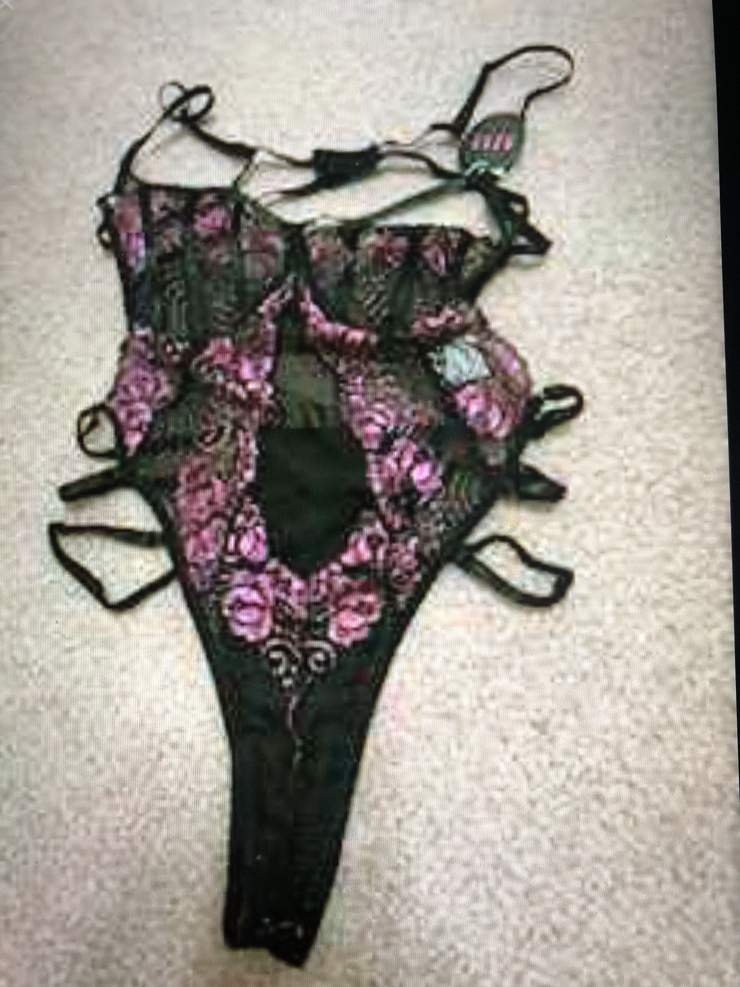 New Medium Black Lace Pink Bodysuit Lingerie